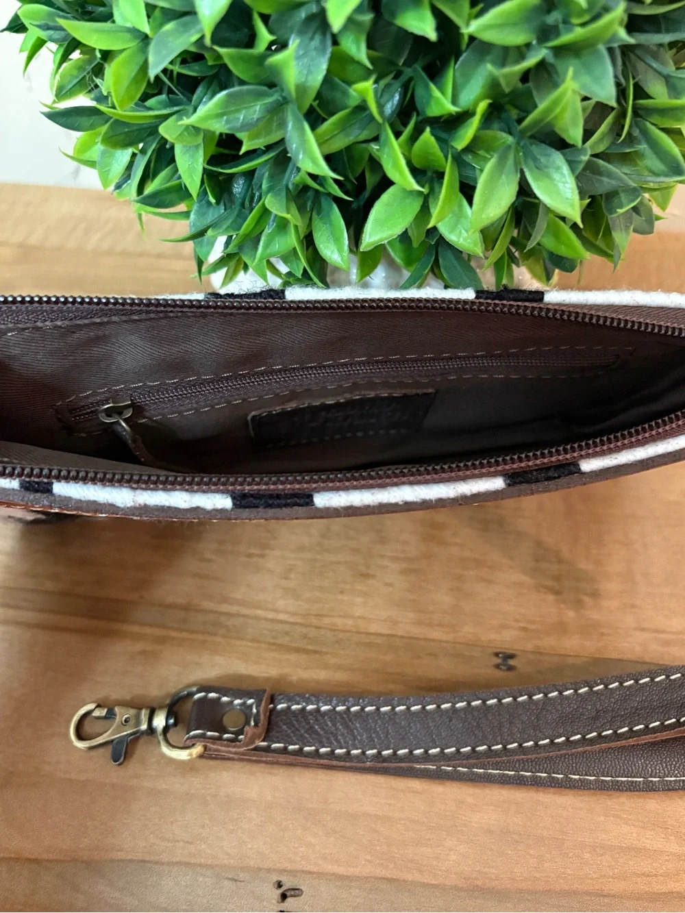 Western WristlWoven Black & White Aztec  with Tooled Brown Leather Accent